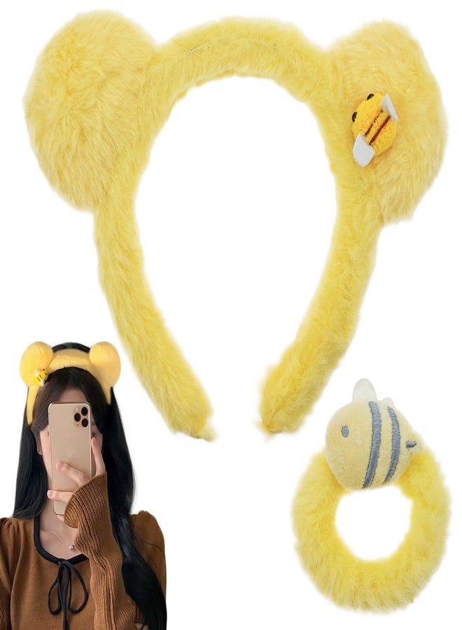 Capiant Yellow Plush Bear Ears Headband and Hair Ties, 2-Piece Spa Headband & Wristband Set, Soft Towels Washbands Elastic Plush Bear Spa Hairband, Ponytail Holders - Image 1